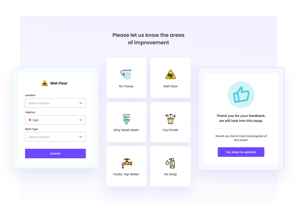 Give tenants an easy way to submit their feedback on overall experience or even issues like wet floor in a certain location that needs cleaning on high priority 
