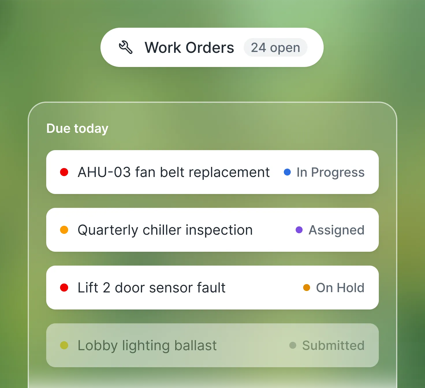 Connected CMMS work orders due today, with priority and status