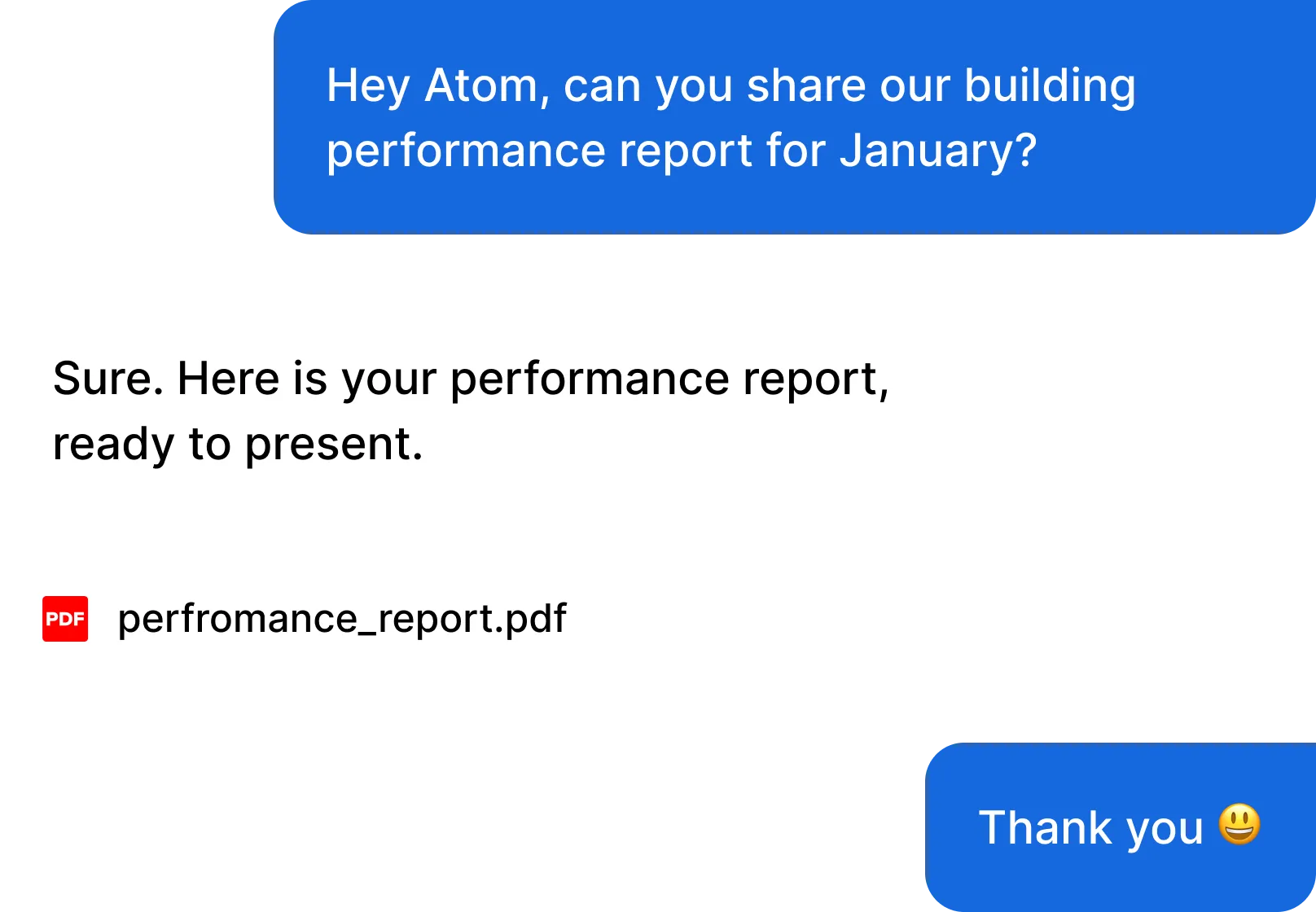 Atom AI chat preview: user requests a January building performance report; Atom shares a ready report PDF; user replies with thanks.