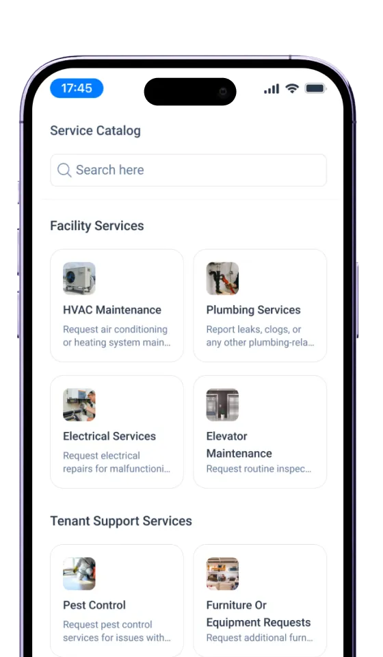 Service catalog screen with HVAC, plumbing, electrical, and tenant support options