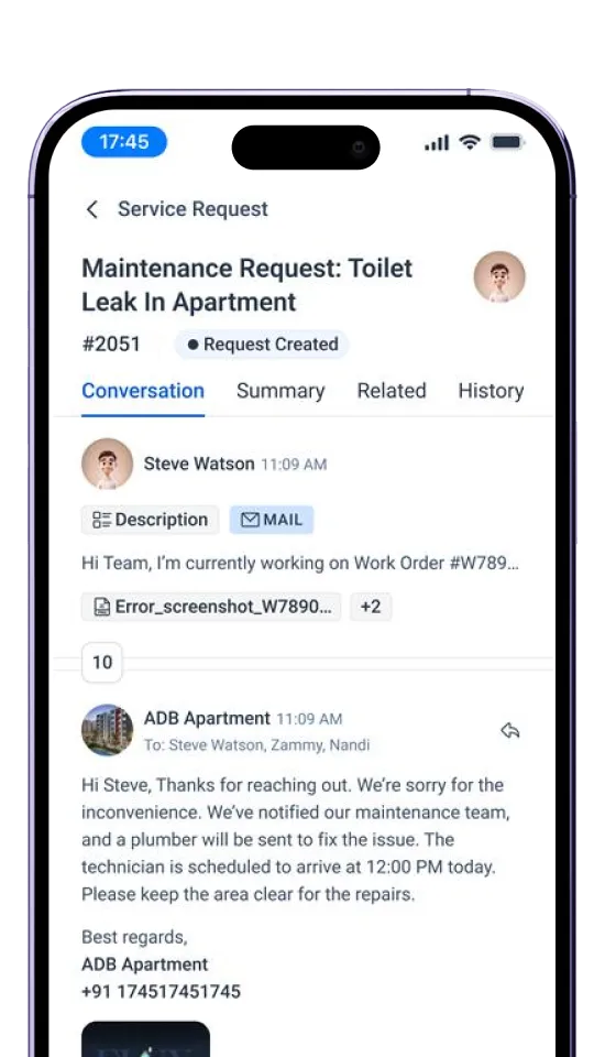 Mobile service request chat for maintenance issue with updates and attachments