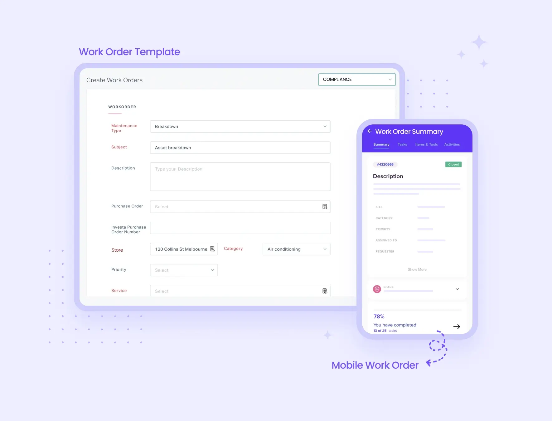 Create mobile-friendly work orders easily with existing templates, inventory details, automated response workflows, and more